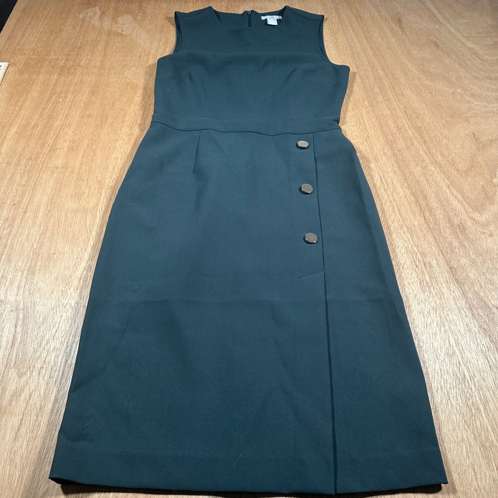 H&M Dark Green Sleeveless Midi Sheath Dress Faux Wrap Button Detail Size 6